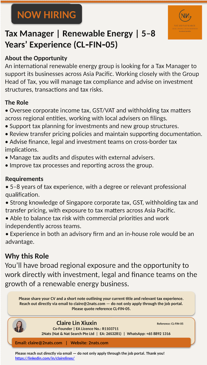 Tax Manager | Renewable Energy | 5–8 Years' Experience (CL-FIN-05)