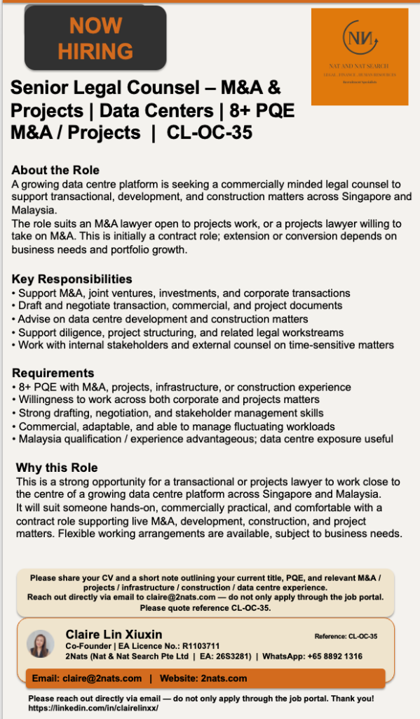 Senior Legal Counsel – M&A & Projects | Data Centres | 8+ PQE (CL-OC-35)