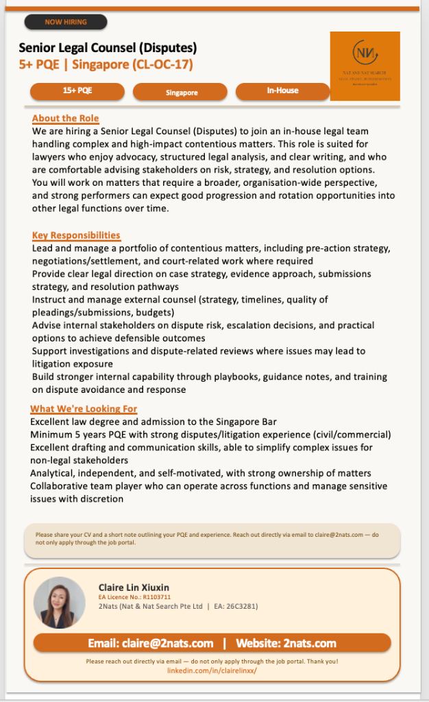 Senior Legal Counsel (Disputes) | 5+ PQE | Singapore