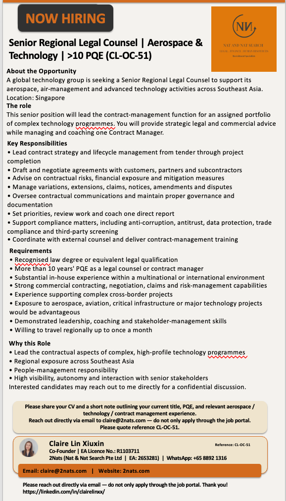 Senior Regional Legal Counsel | Aerospace & Technology | >10 PQE (CL-OC-51)