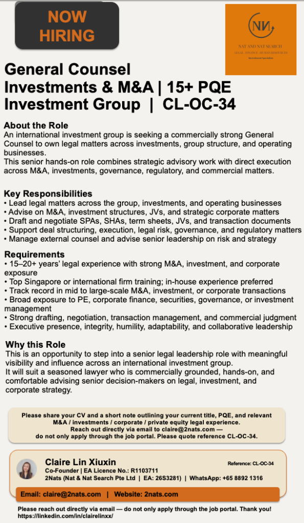 General Counsel | Investments & M&A | 15+ PQE (CL-OC-34)