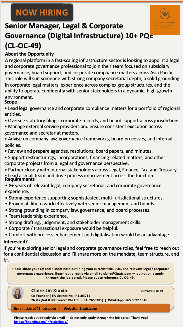 Senior Manager, Legal & Corporate Governance (Digital Infrastructure) 10+ PQE (CL-OC-49)