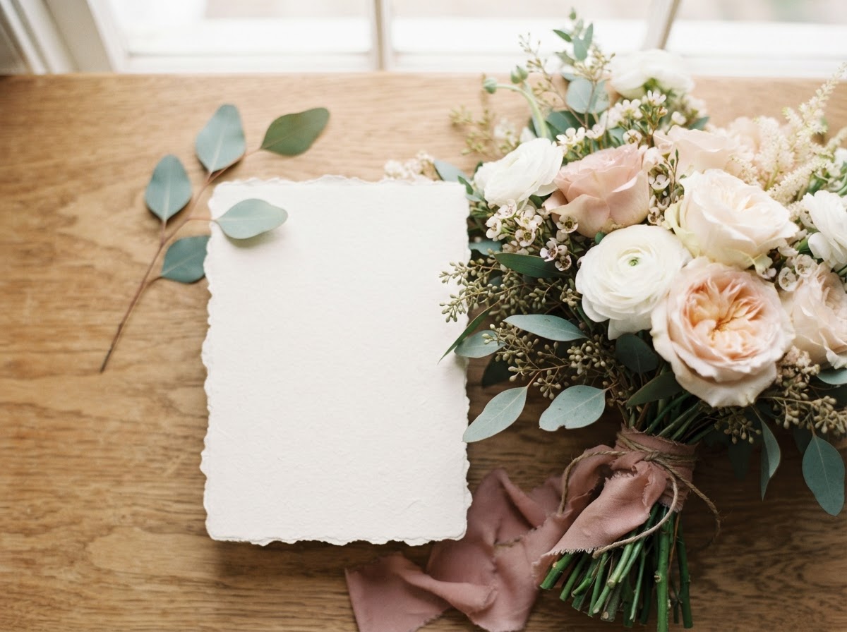 Invitation paper and blush bouquet