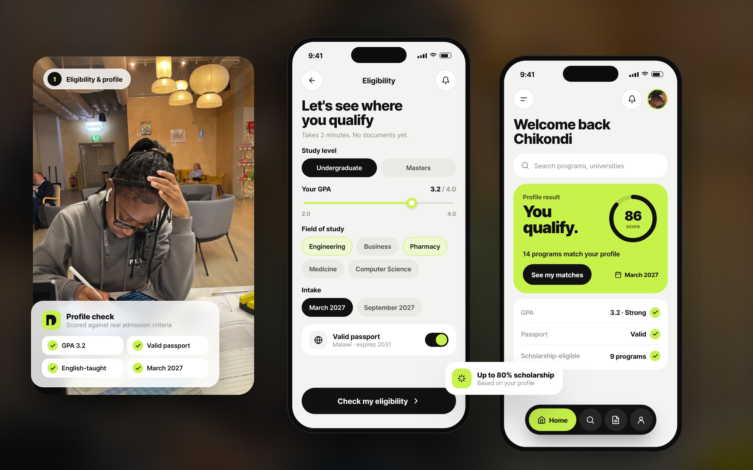 Dream Admissions app: eligibility check and profile score