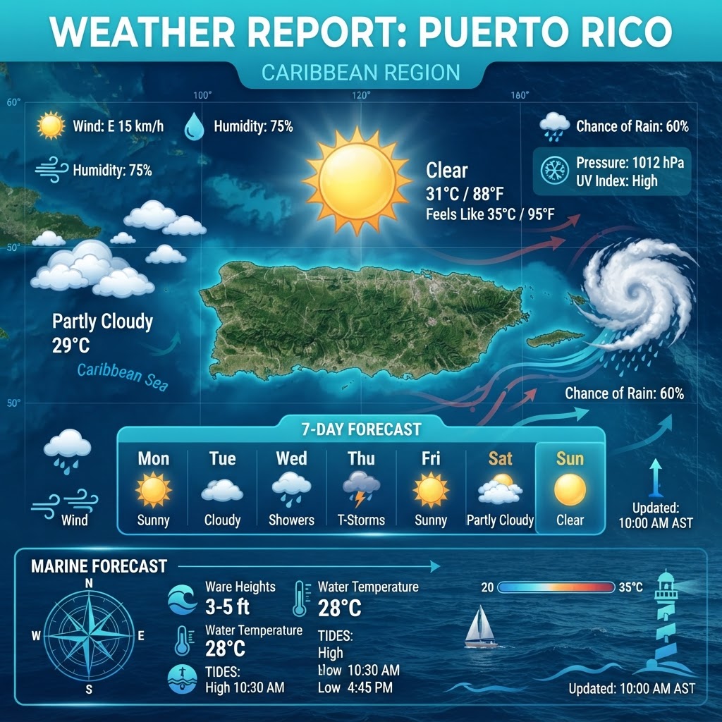 Puerto Rico Marine and Island Weather Outlook: Moderate Trade Winds and Typical Tropical Conditions