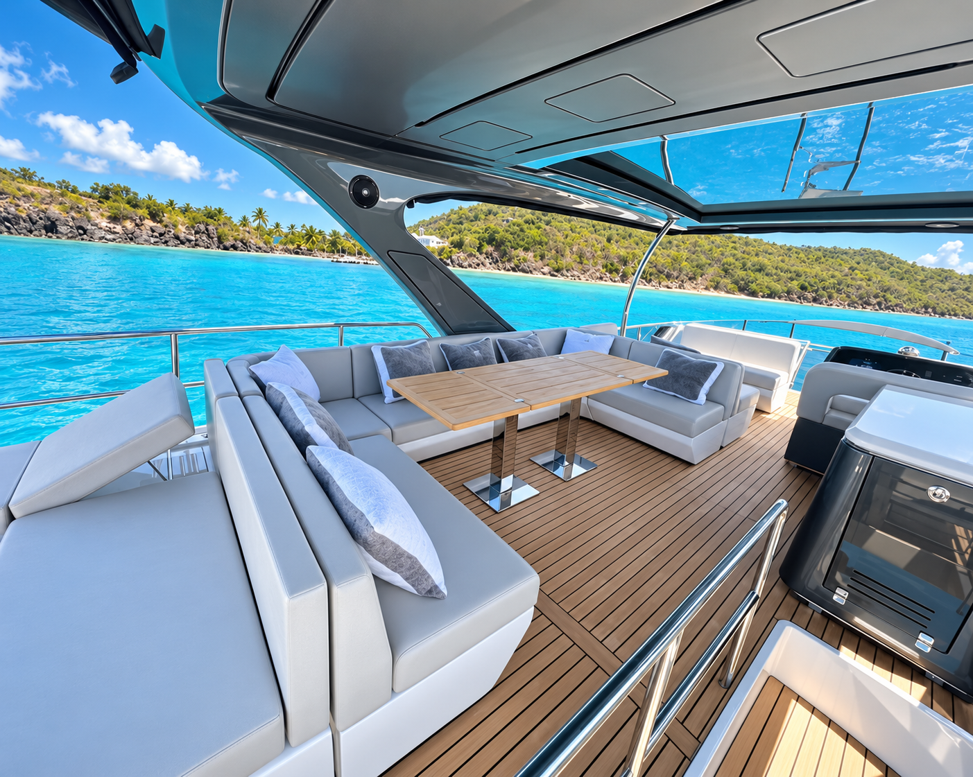 Flybridge dining area on a 66 foot luxury yacht charter in Puerto Rico