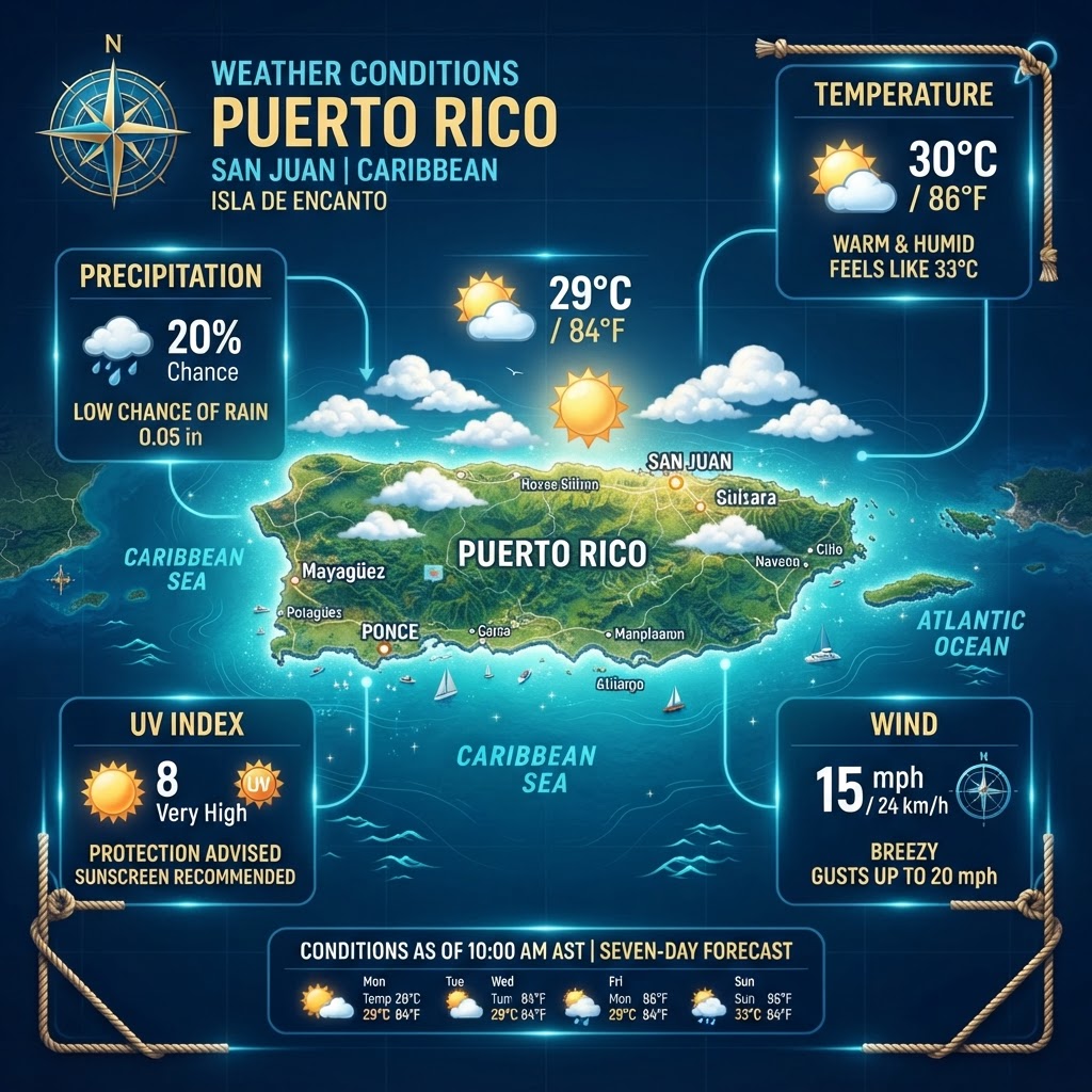 Tropical Warmth and Breezy Trades Across Puerto Rico