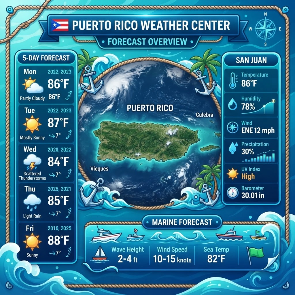 Puerto Rico Marine & Coastal Weather: Calmer Seas and Warm Conditions Across the Archipelago