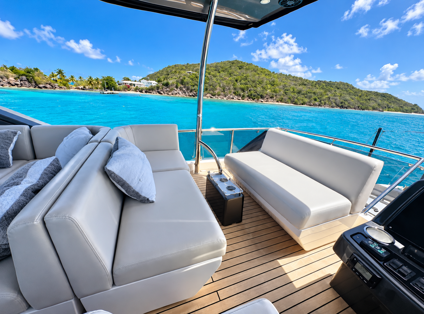 Flybridge seating with Caribbean sea view on a private yacht charter