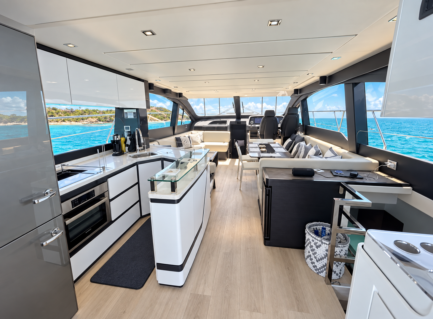 Modern interior galley and salon of a 66 foot luxury yacht rental