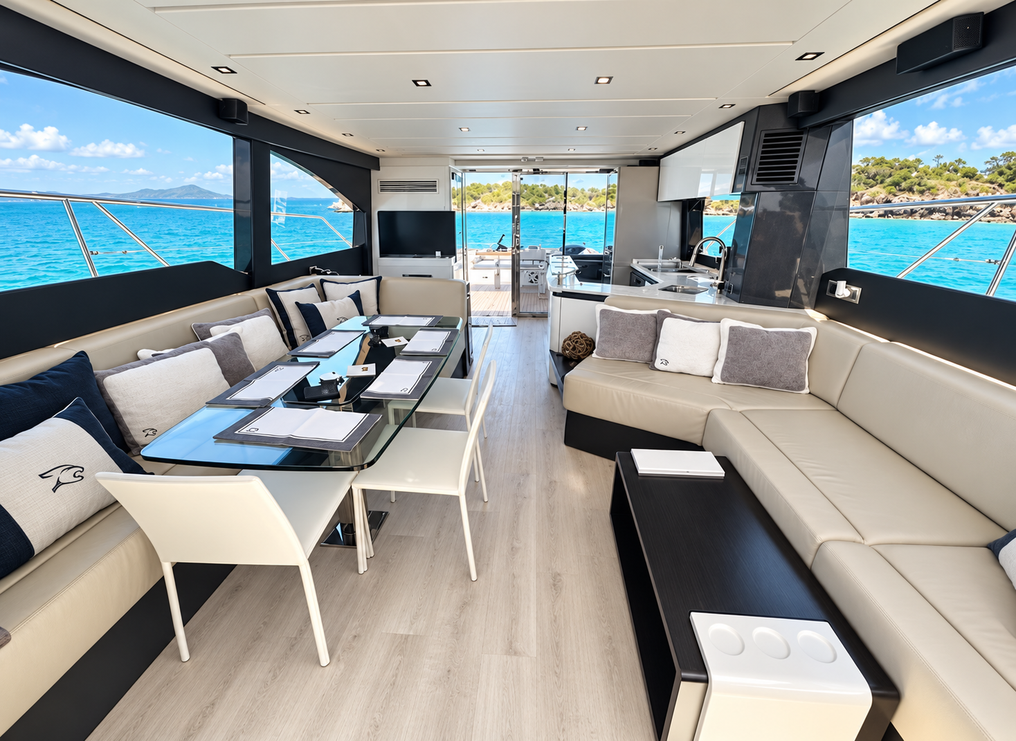 Private salon and dining area inside a 66 foot luxury yacht in Puerto Rico