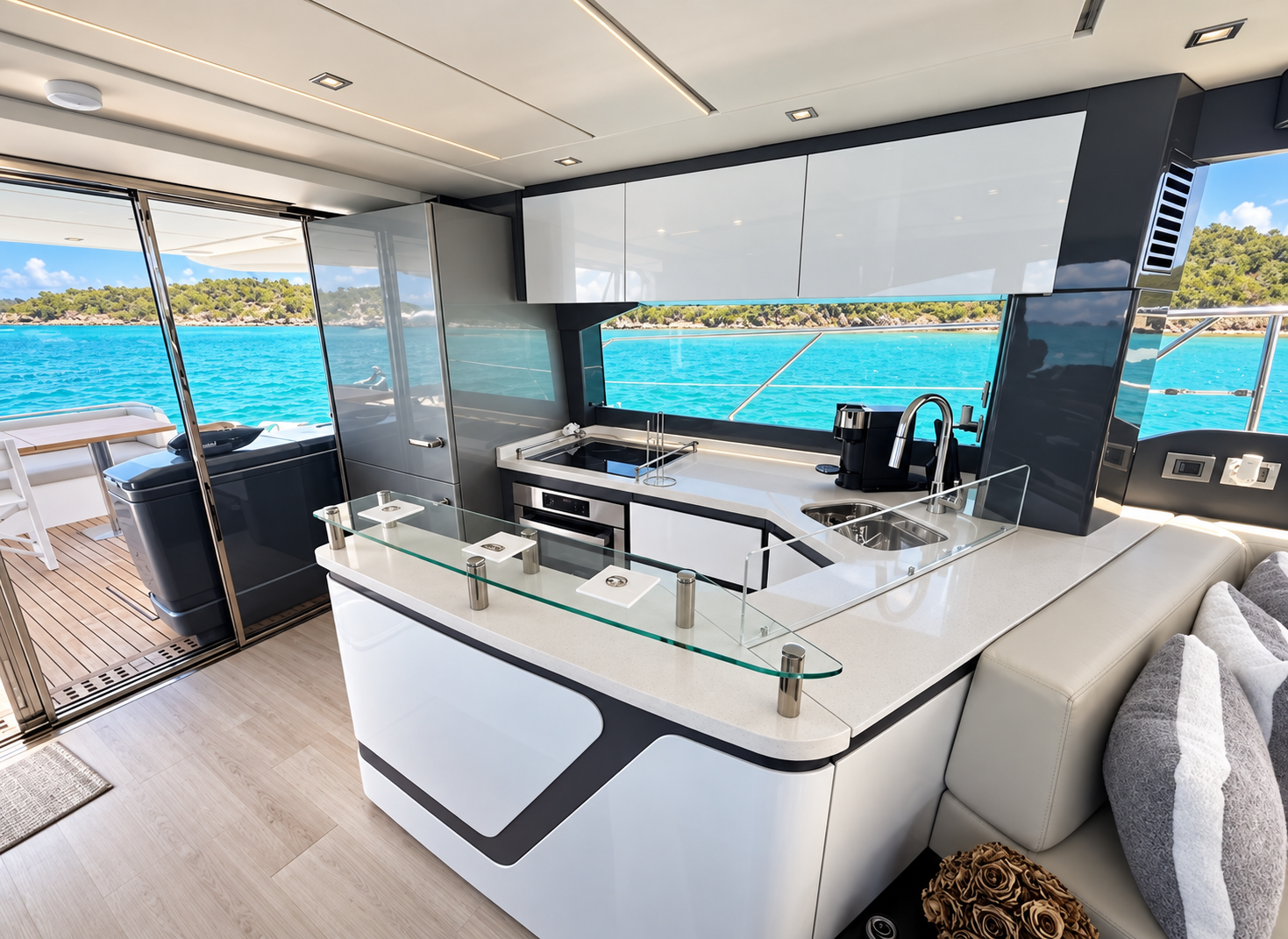 Interior galley and seating of a luxury private yacht charter in Puerto Rico