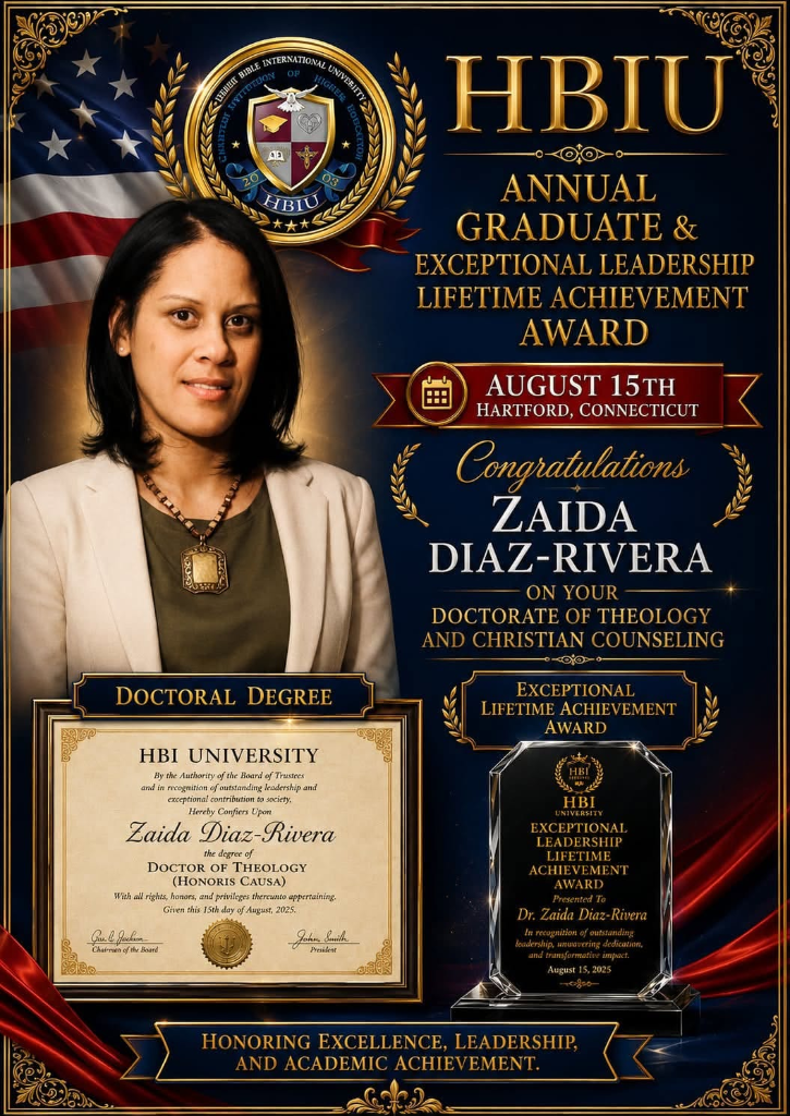 HBIU Doctoral Degree, Exceptional Lifetime Achievement Award, and Crystal Leadership Plaque