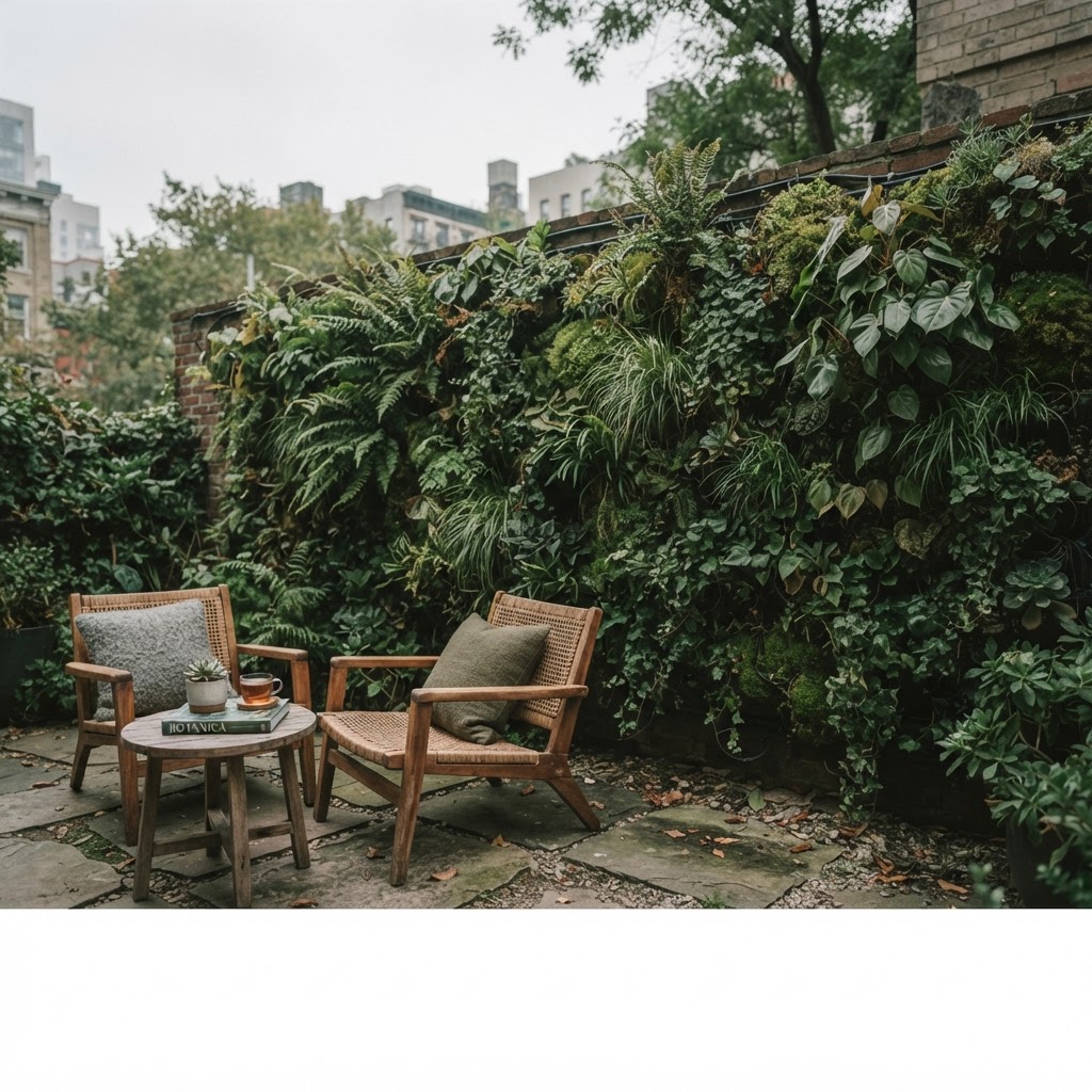 Lush green garden wall with seating