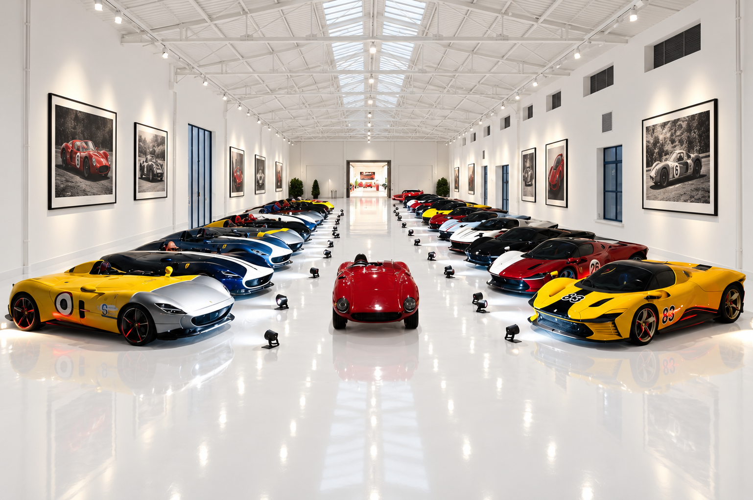 Interior of Carbon Key's existing private collector vehicle storage facility — a gallery-style hall with curated automobiles under controlled lighting.