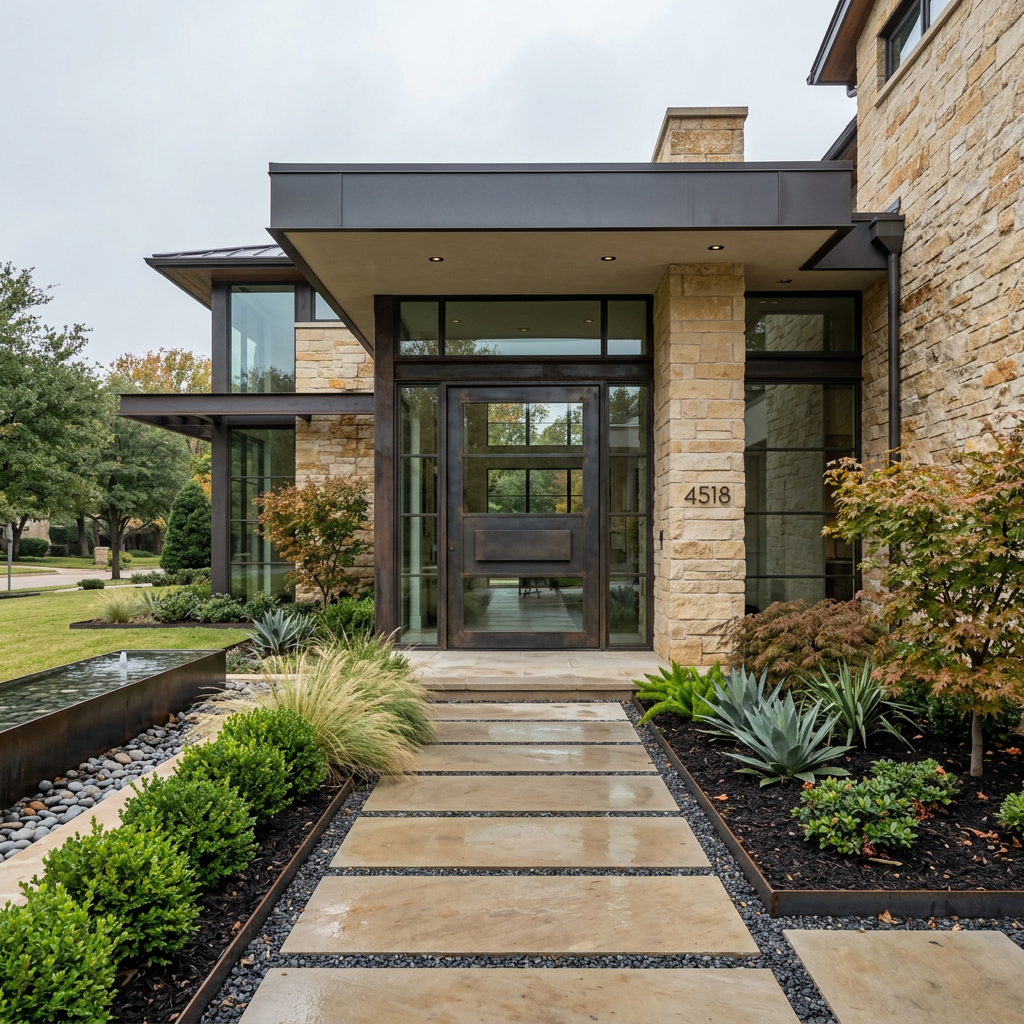 North Dallas modern luxury home with stone facade managed by Roost & Realm concierge service