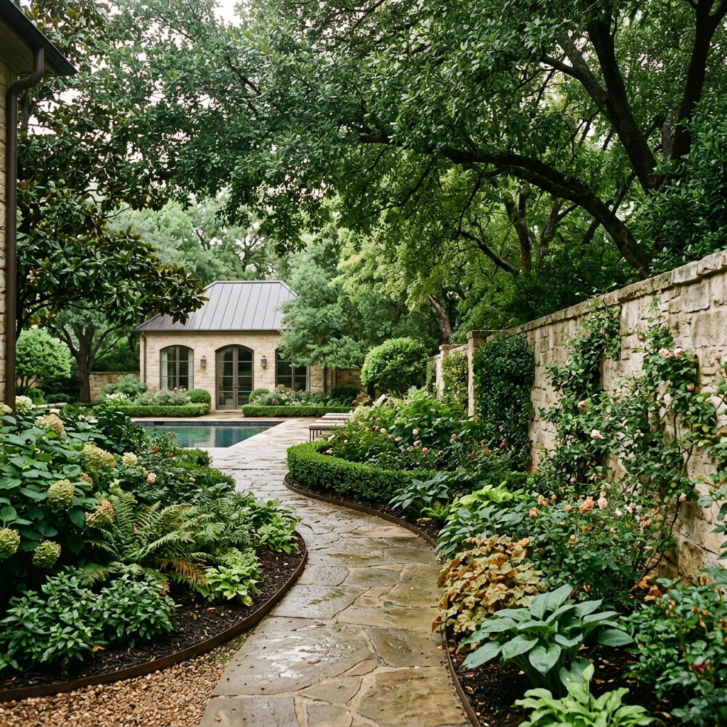 Preston Hollow Dallas estate garden and mature tree canopy managed by Roost & Realm concierge service