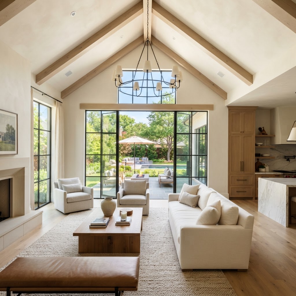 Light-filled luxury home addition in Dallas with vaulted ceiling and steel-framed glass doors