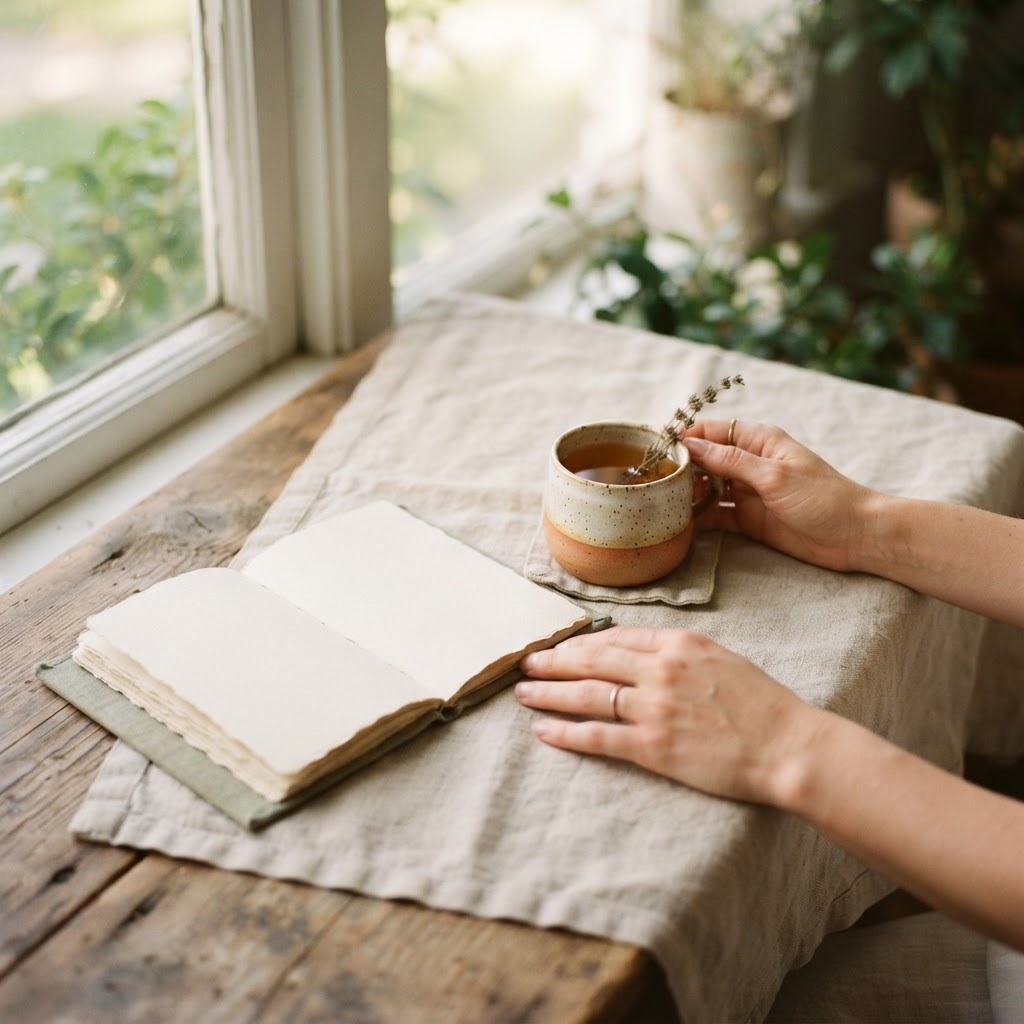 A journal and a cup of tea in the morning light