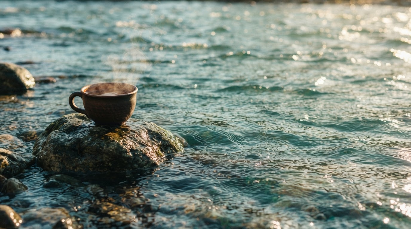 Steaming cup of tea on a sunlit counter at dawn