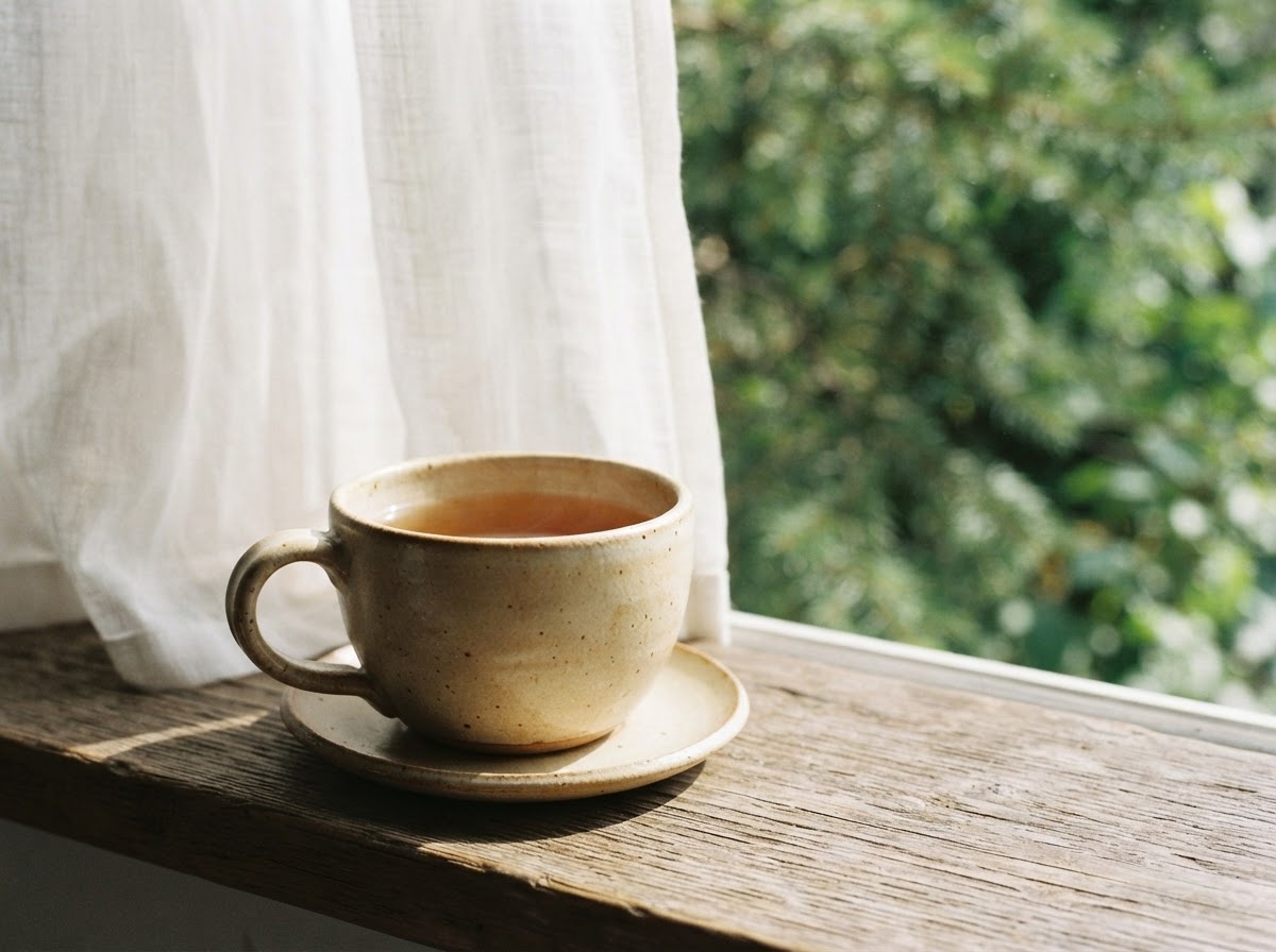 Tea cup on a sunny windowsill