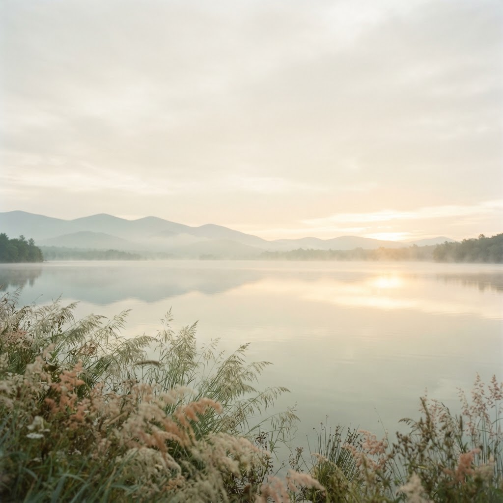 Still misty lake at sunrise