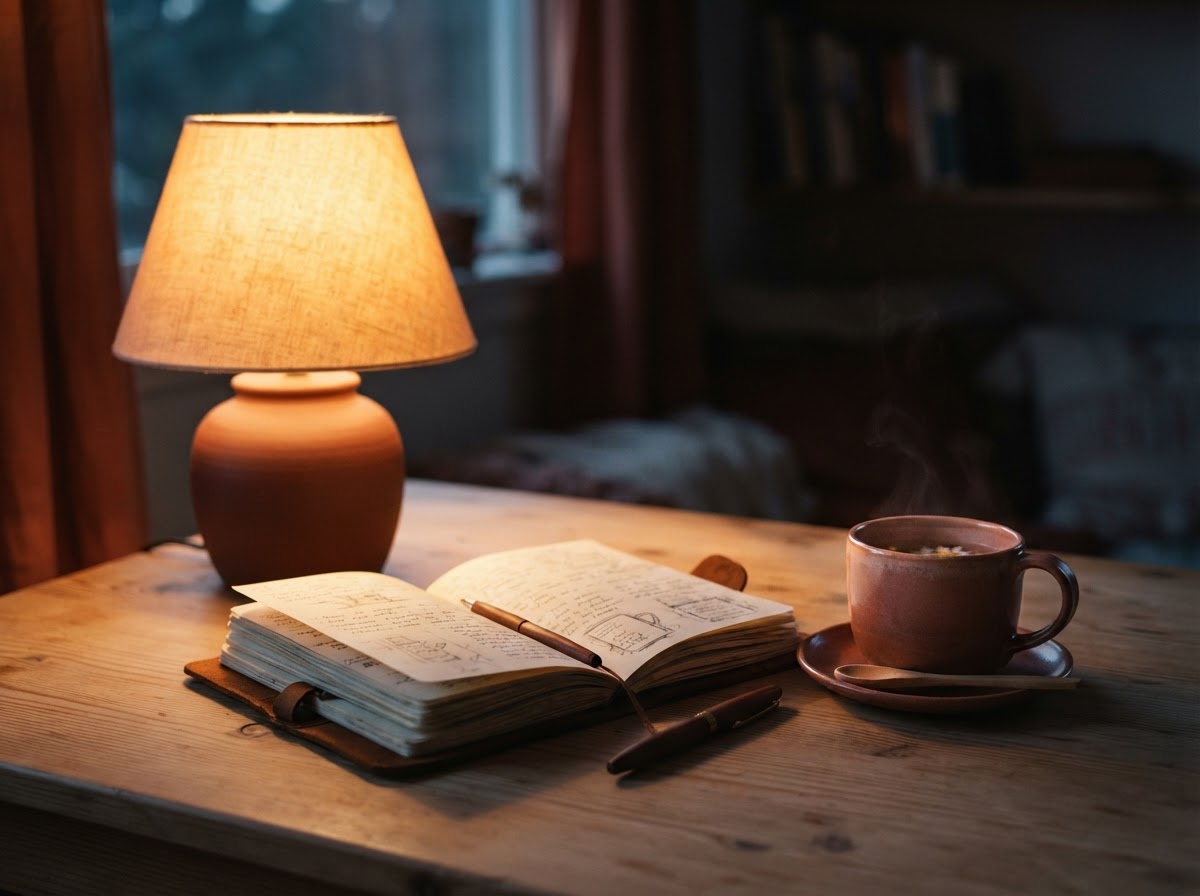 Evening lamp beside a calming cup of tea