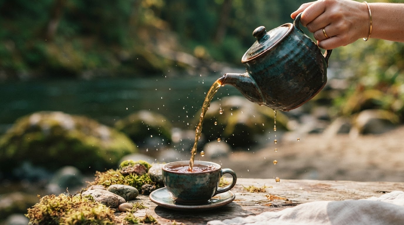 Tea poured mid-air into a cup