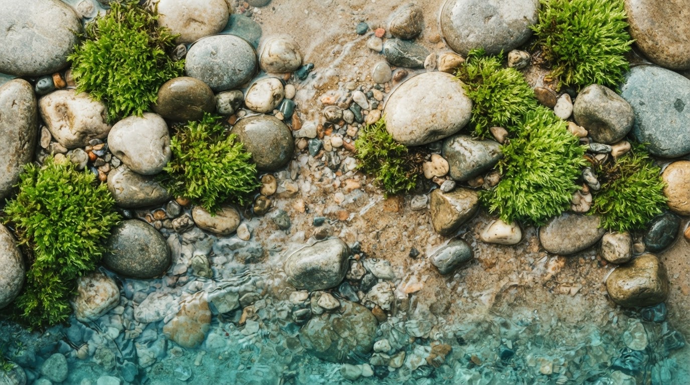 River stones and moss on a sandbar