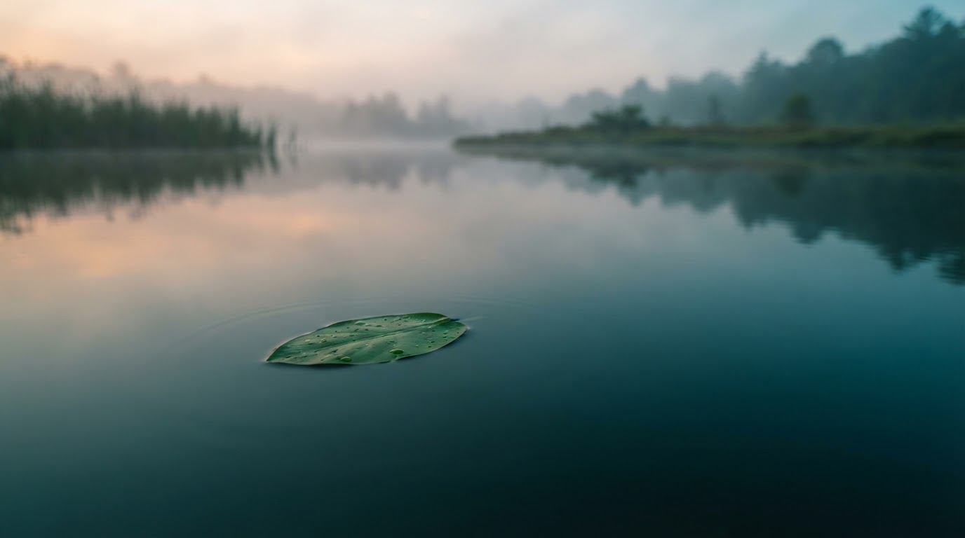 Single leaf floating on still water