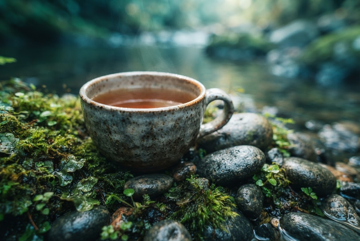Cup of tea on wet river stone with moss