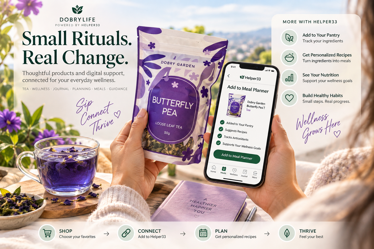 Helper33 app showing meal planner, pantry and recipes