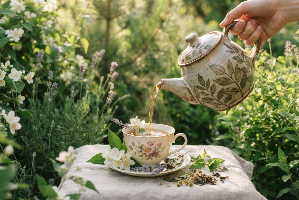 Garden leaves beside a teapot