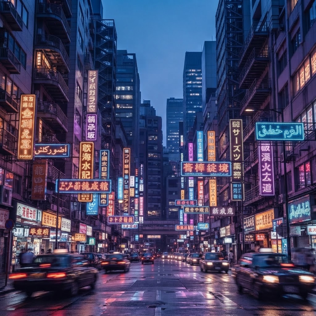 Global city with multilingual signage at dusk