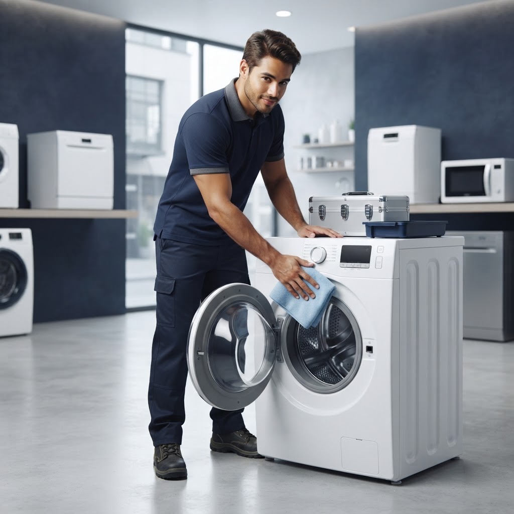 Técnico da Ágil Consertos cuidando de uma máquina de lavar