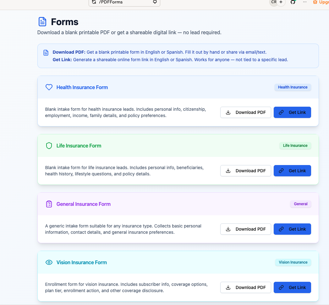 Forms — PDF Downloads & Shareable Links screenshot
