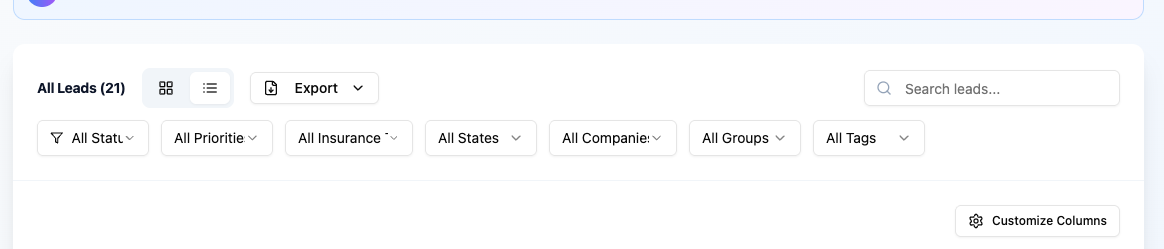 Leads Toolbar — Search, Filter & Customize