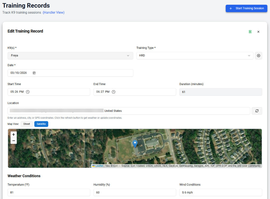 Training Records — detailed session logging with GPS maps and weather
