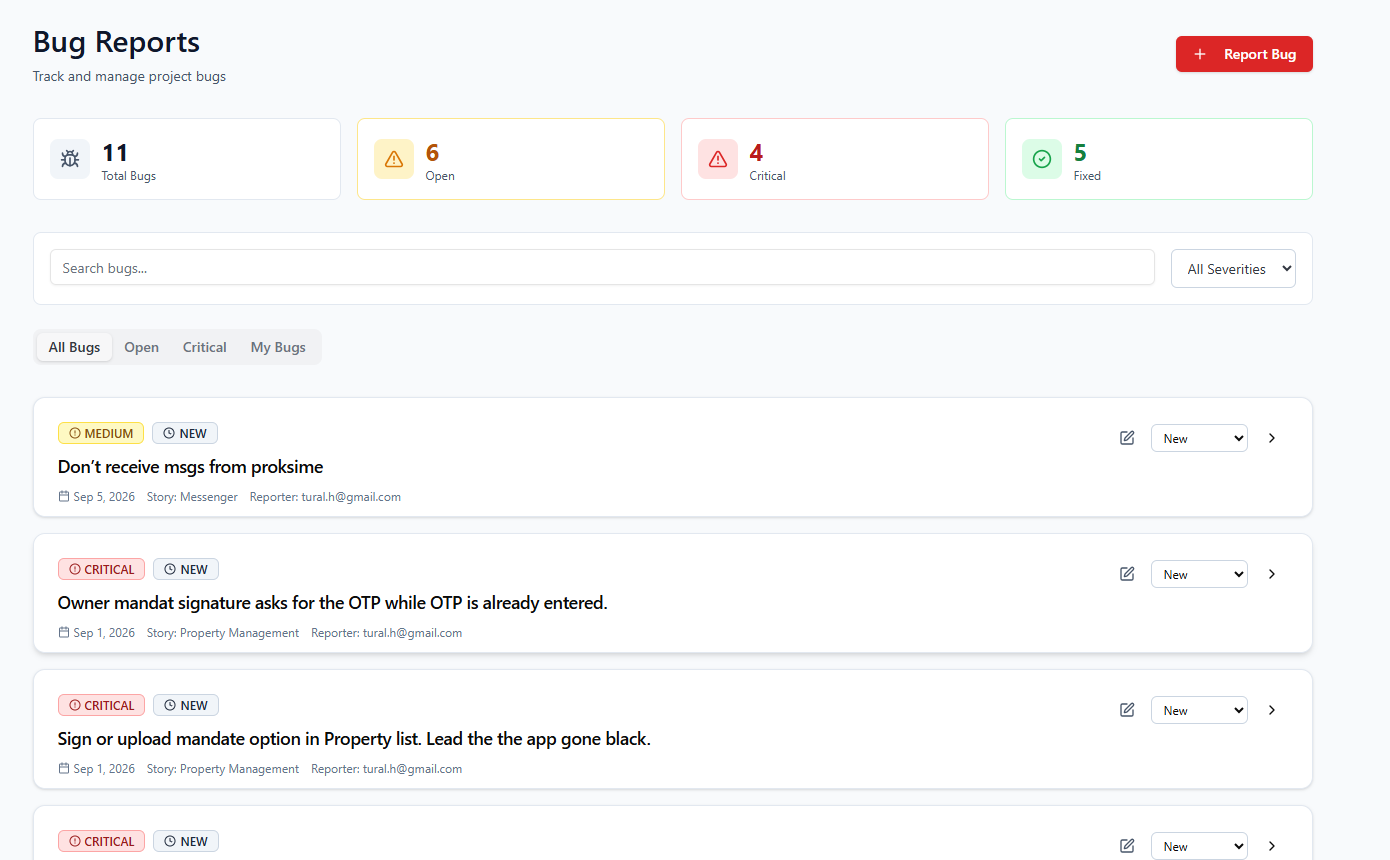 Actual APERIZER Bug Reports showing critical issues, bug statuses and issue list