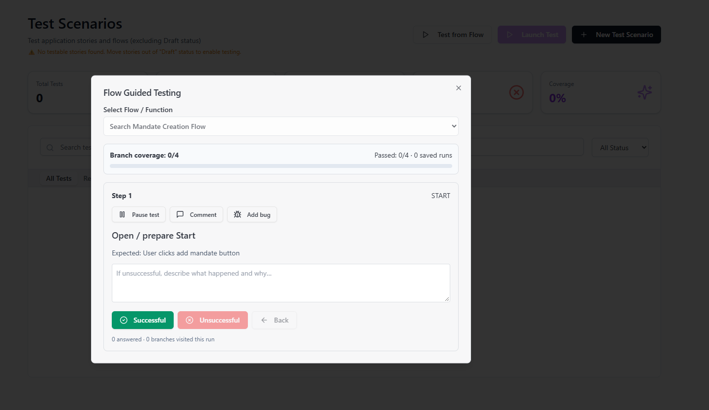 Actual APERIZER Flow Guided Testing dialog with step instructions, successful and unsuccessful actions and branch coverage