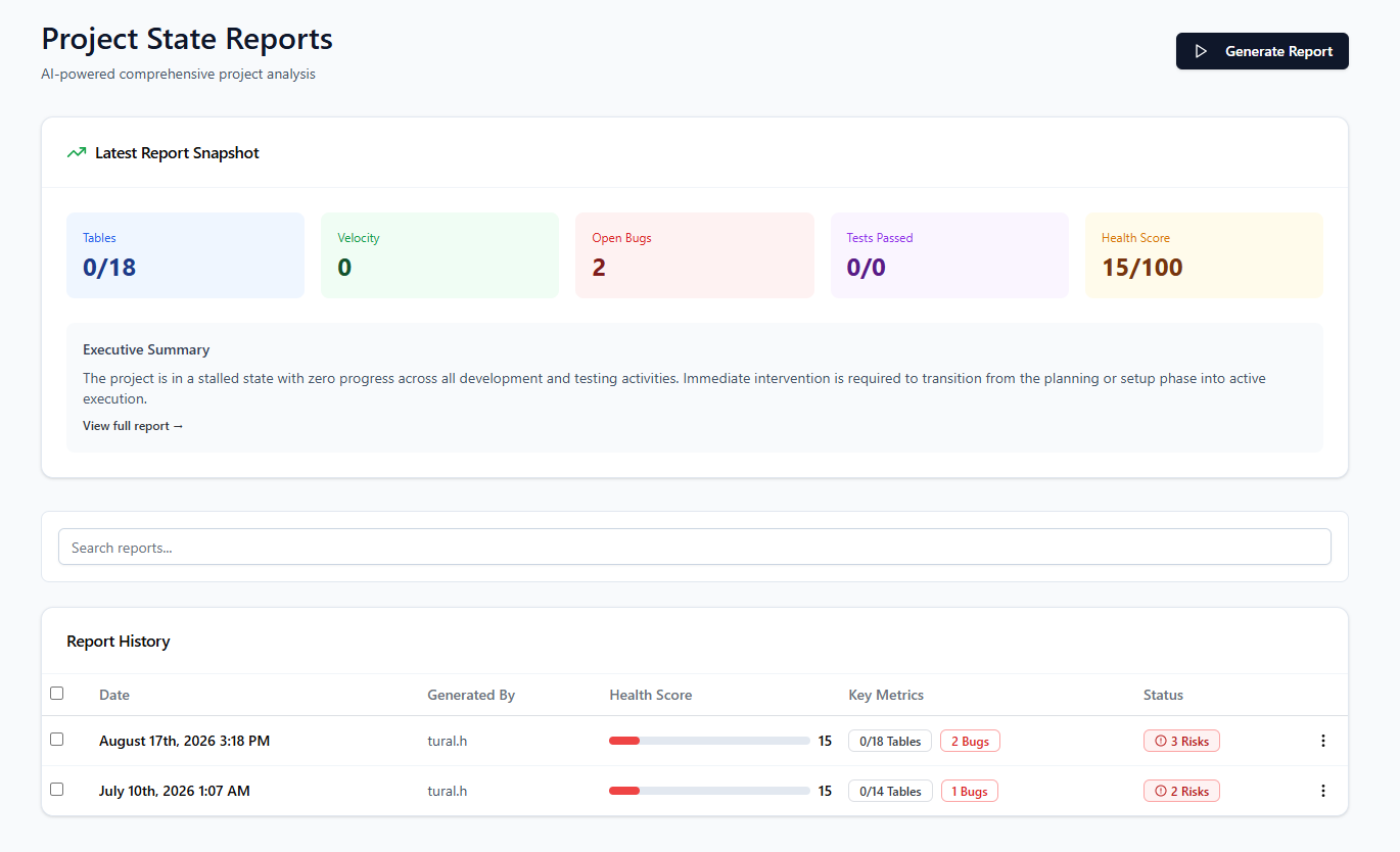 Actual APERIZER Project State Reports page with health score and executive summary