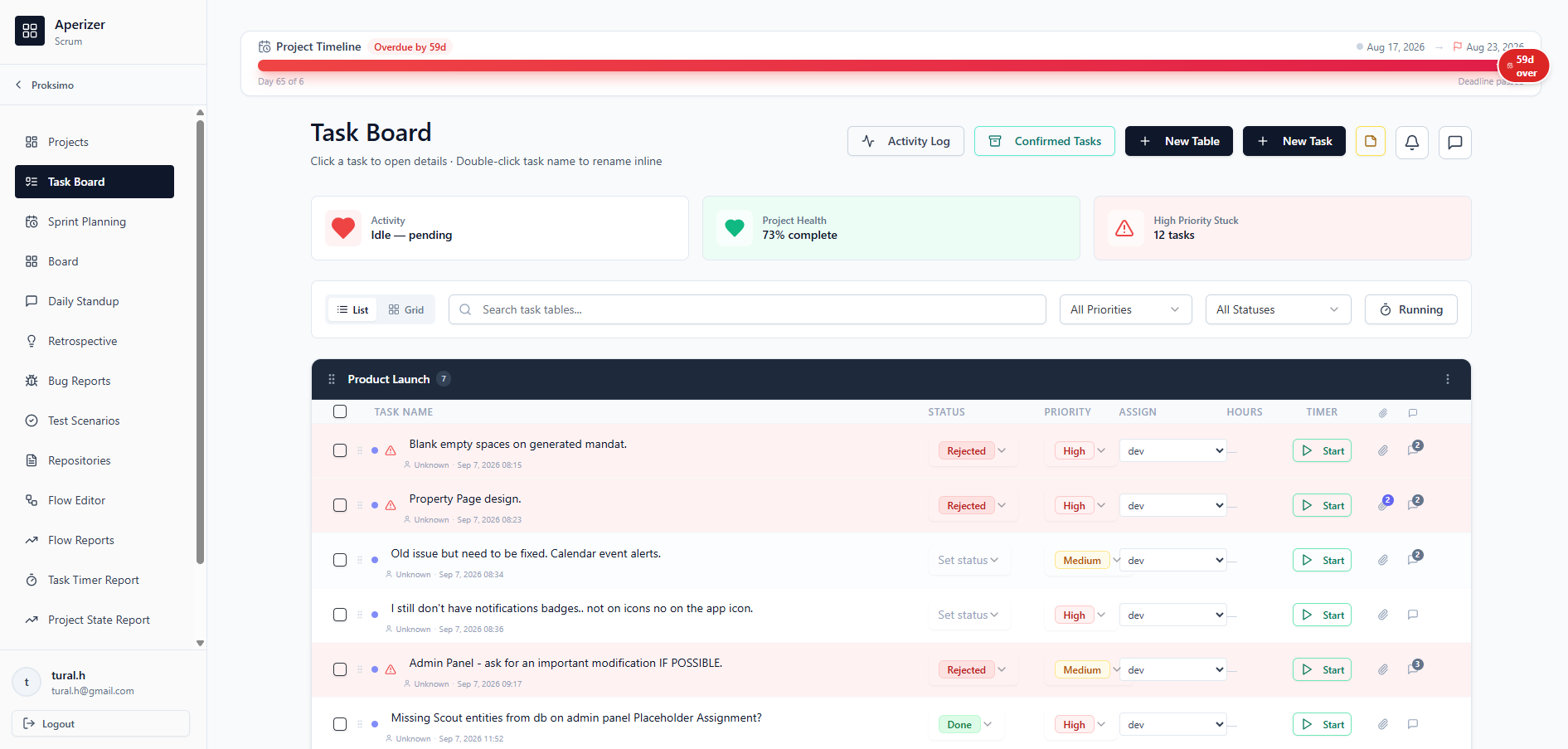 Actual APERIZER workspace with project timeline, project health indicators and the Task Board open