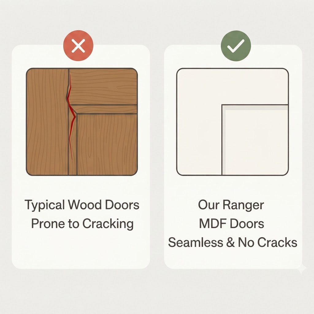 Comparison of cracked wood door joint vs smooth Ranger MDF door