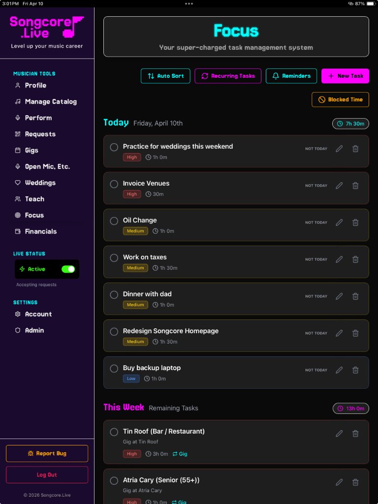 task management dashboard for musicians showing priorities, reminders, and recurring tasks