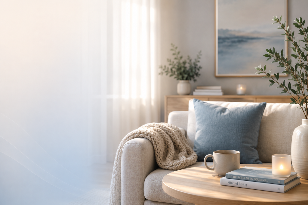 Cozy living room with sofa, throw blanket, coffee table, and warm lighting