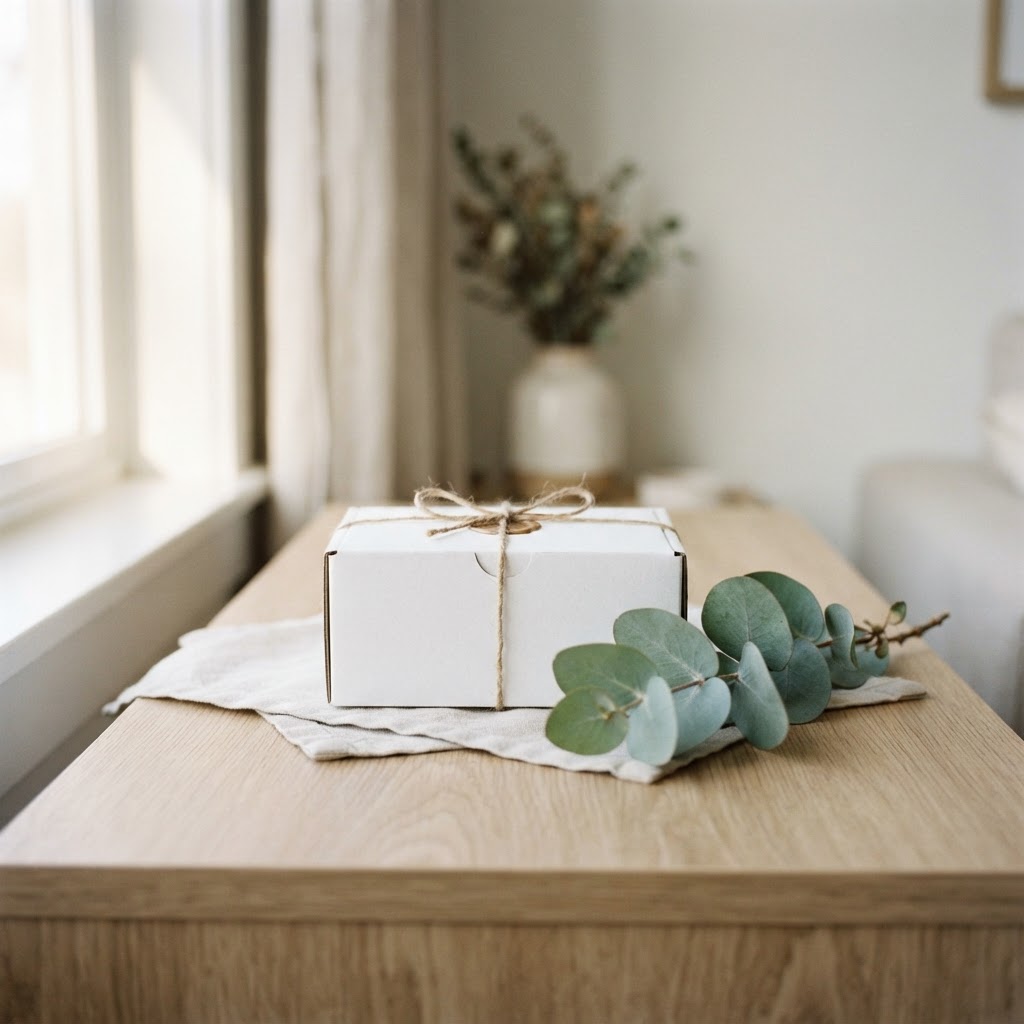 Minimalist wellness still life with package and eucalyptus