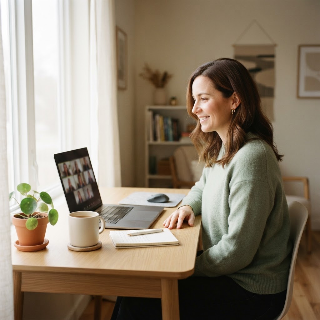 A patient smiling during a telehealth video consultation from a bright home office