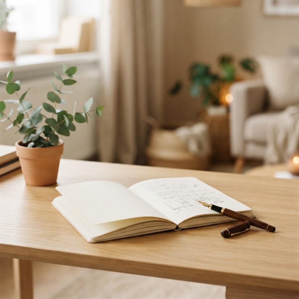 Minimalist desk with notebook, pen, and eucalyptus plant