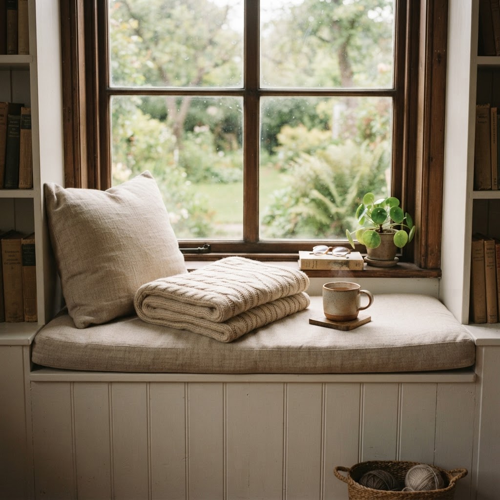 Calm window seat with cushion and blanket looking out at greenery