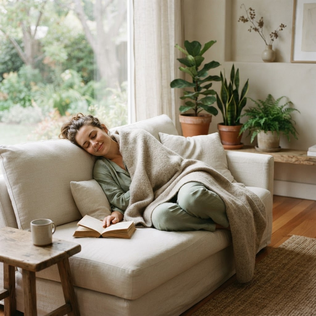 A person resting comfortably at home in a calm, softly lit living room